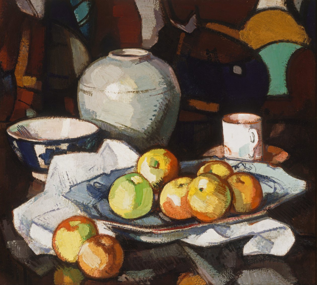 Still life- apples and jar av Samuel John Peploe