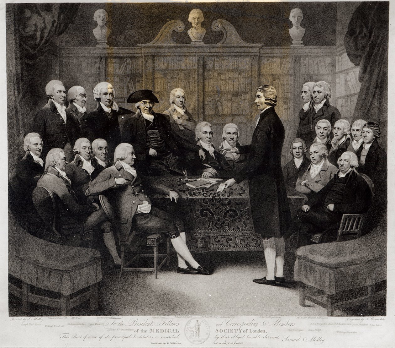 Gruppporträtt av presidenten, stipendiaten och korresponderande medlemmar av Medical Society of London, graverad av Nathan Cooper Branwhite (1775-1857), publicerad av R. Wilkinson, 1801 (bw photo) av Samuel Medley
