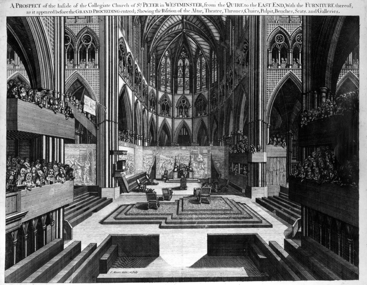 Utsikt över insidan av Collegiate Church of St. Peter in Westminster (Westminster Abbey) före Jakob II:s kröning (1633-1701) 1688 av Samuel Moore