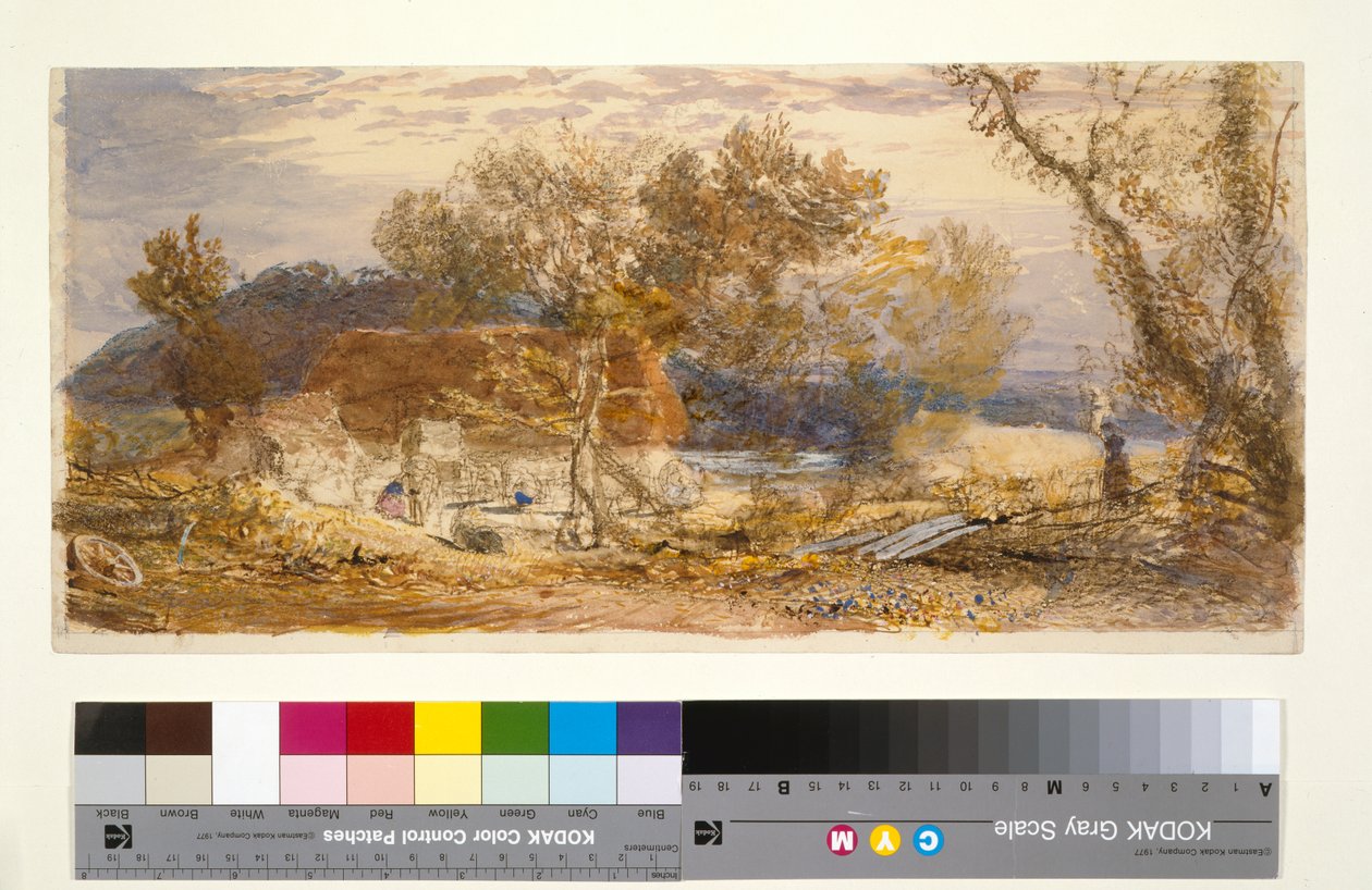 A Farm in Kent, ca 1826-32 (brun och blå krita & wc) av Samuel Palmer