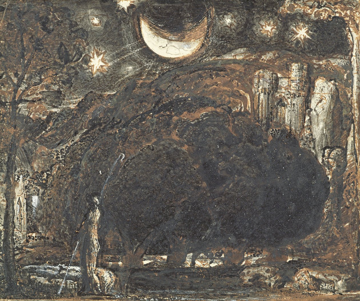 A Shepherd and his flock under the Moon and Stars, ca 1827 (penna och bläcktvätt på papper) av Samuel Palmer