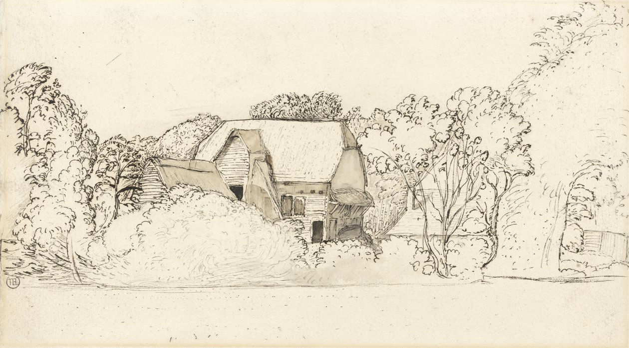 An Ancient Barn at Shoreham (penna & bläck och grått och brunt tvätta över grafit på papper) av Samuel Palmer