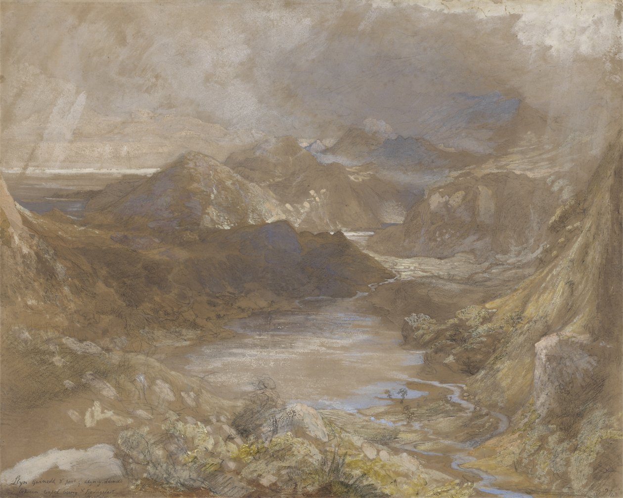Llwyngwynedd och en del av Llyn-y-ddina Mellan Capel Curig och Beddegelert, North Wales, 1835-36 (wc, gouache och grafit på papper) av Samuel Palmer