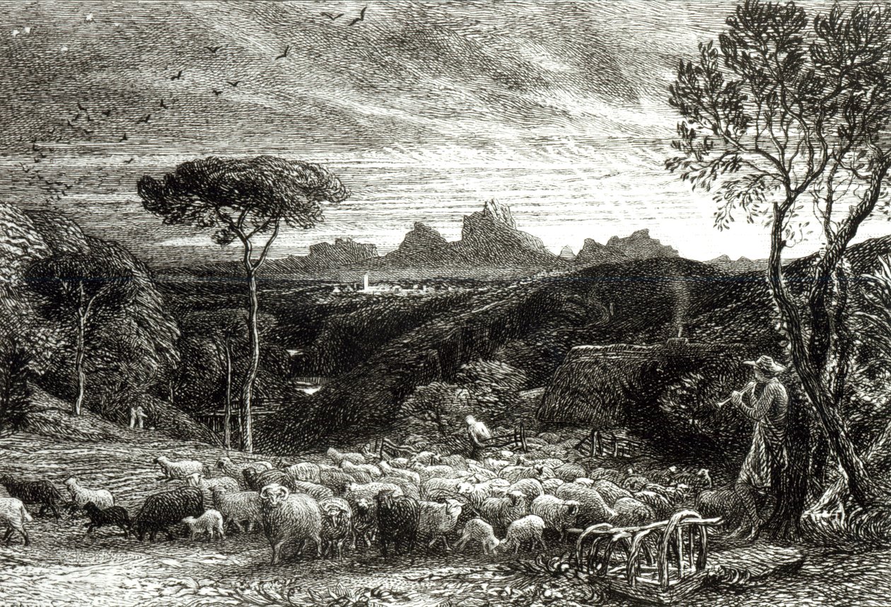 Öppna folden, tidig morgon, 1880 av Samuel Palmer