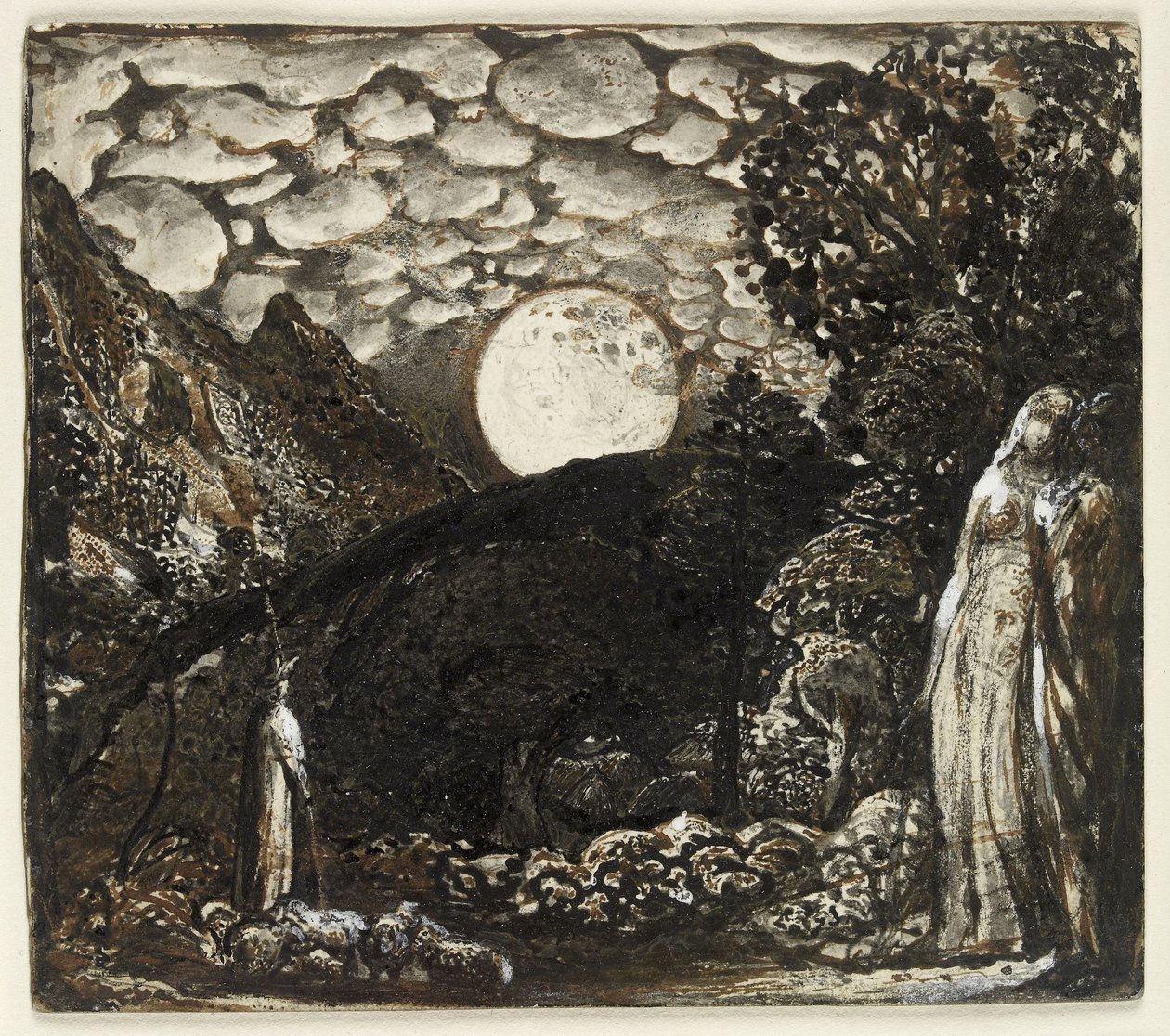 Shepherds under a Full Moon, ca 1829-30 (penna och brunt bläck med pensel i indiskt bläck, förhöjd med kroppsfärg på vitt kort) av Samuel Palmer