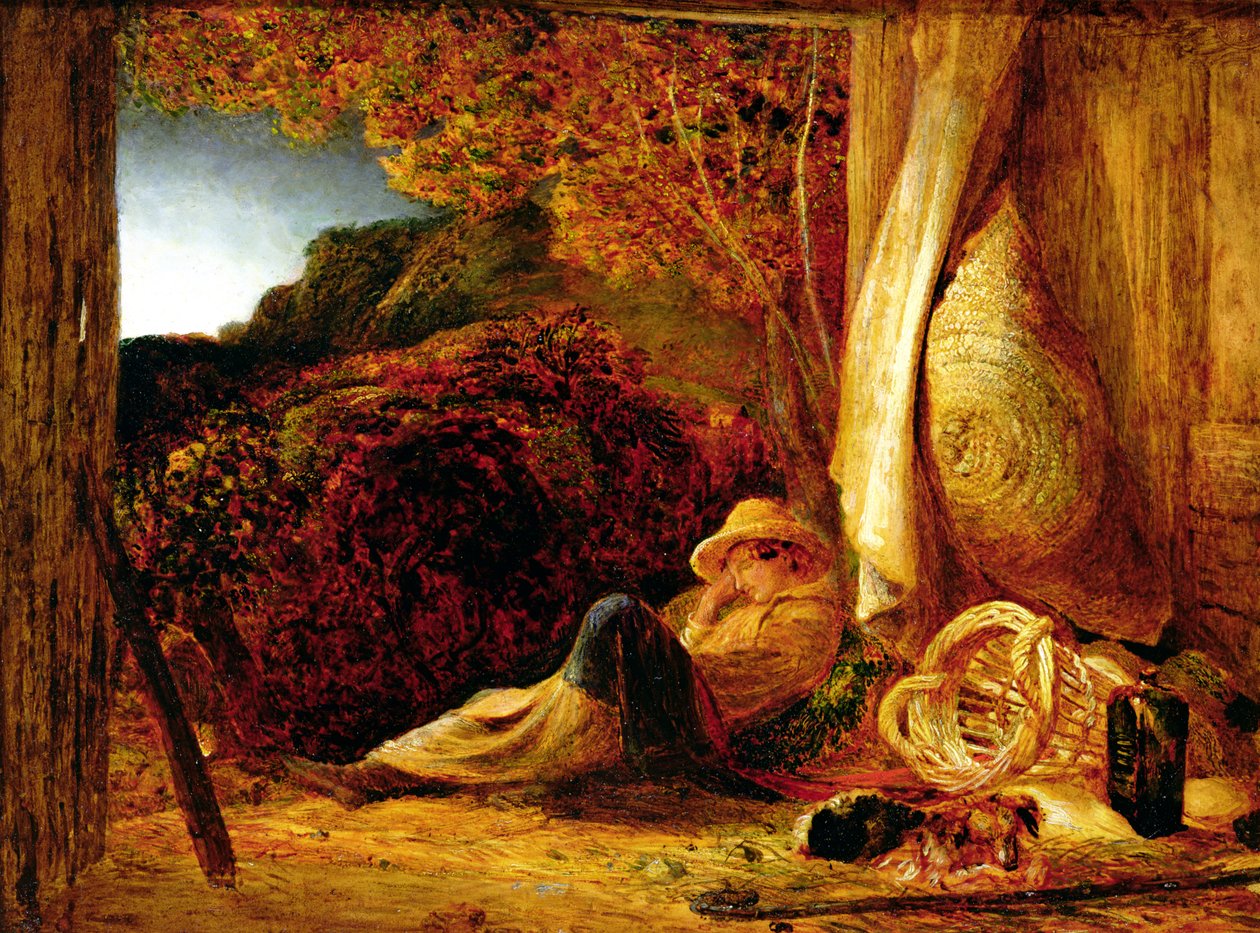 The Sleeping Shepherd, 1834 (tempera med oljeglasyr på papper, lagd på panel) av Samuel Palmer
