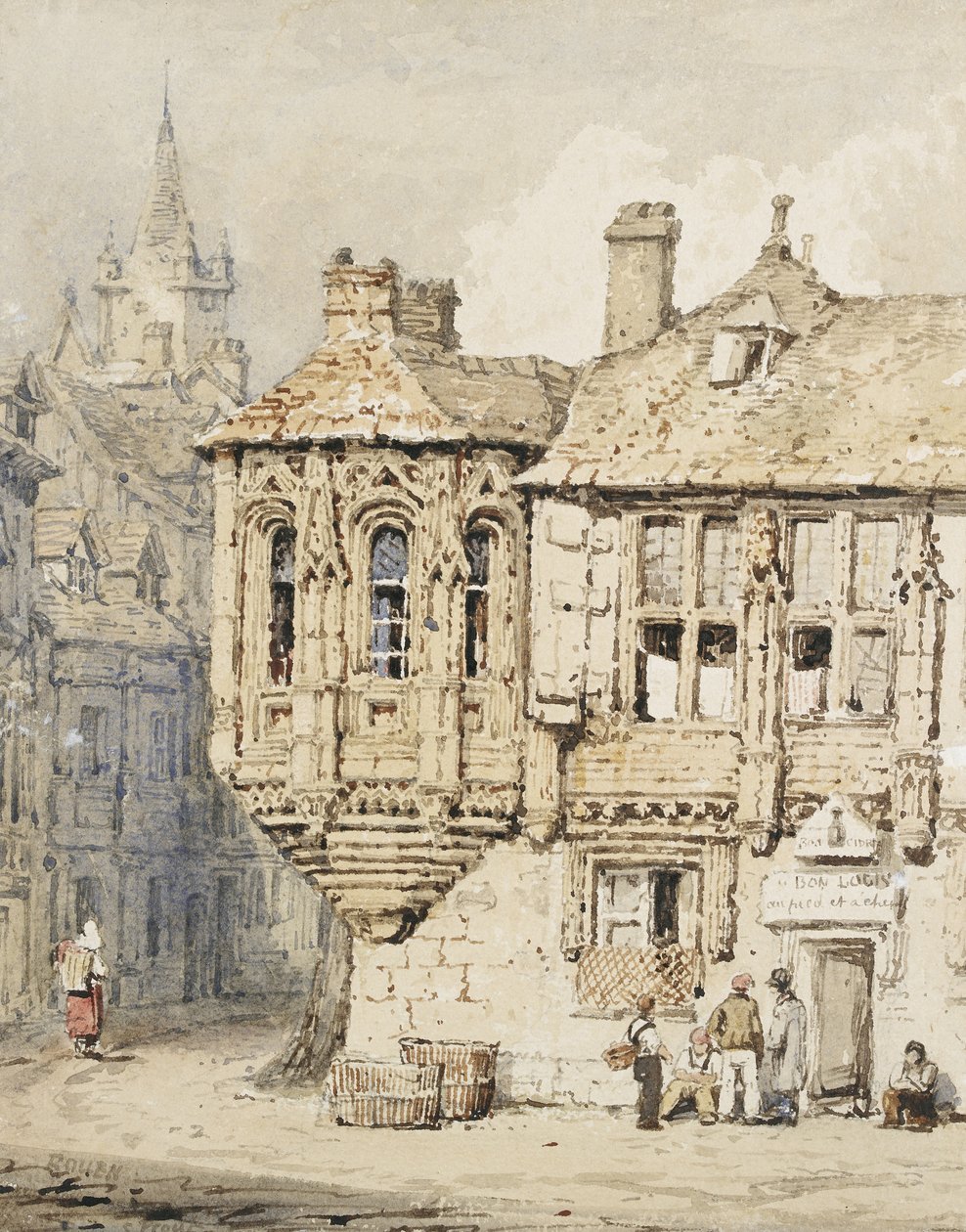 Gatubild i Rouen (akvarell över grafit, på papper) av Samuel Prout