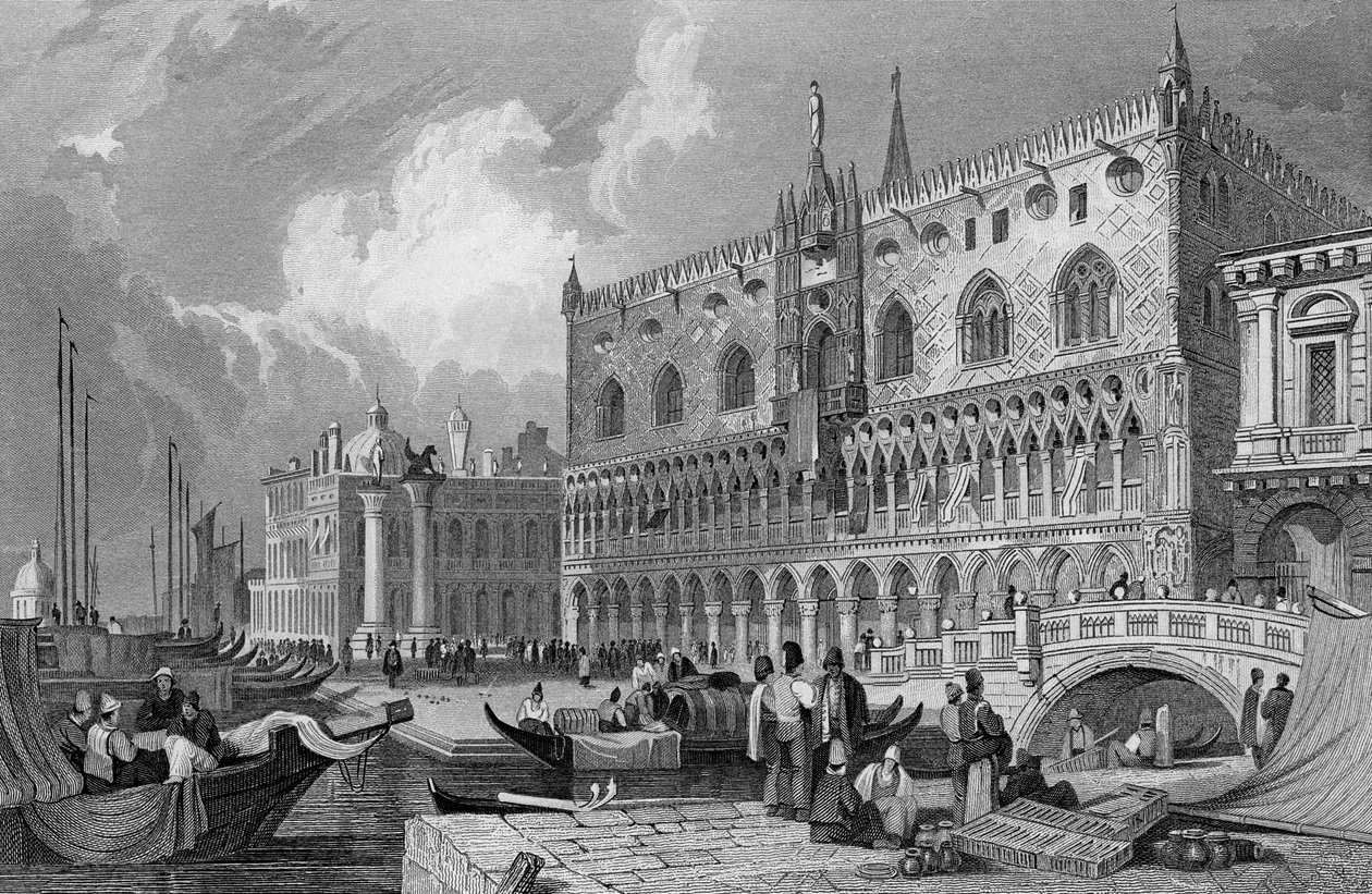 Canal Grande och Dogepalatset, Venedig, graverad av Charles Westwood, 1844 av Samuel Prout