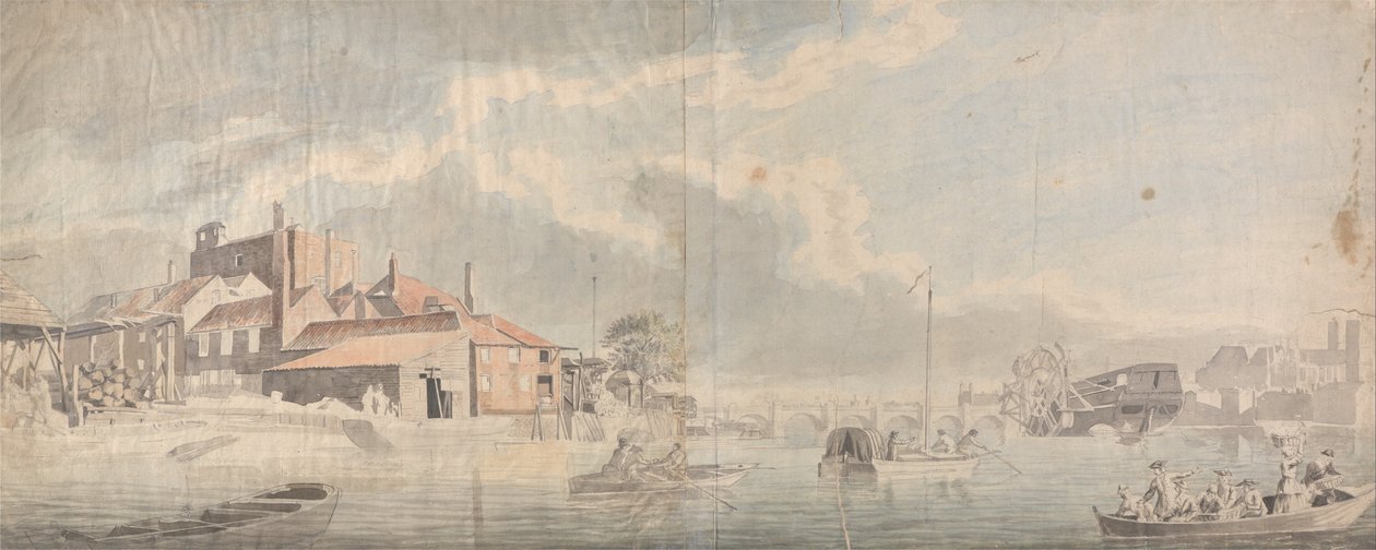 A Thames Wharf with Westminster Bridge in the Distance av Samuel Scott