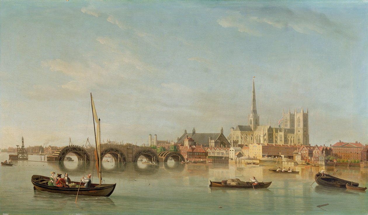 The Building of Westminster Bridge med en imaginär utsikt över Westminster Abbey, c.1742 av Samuel Scott