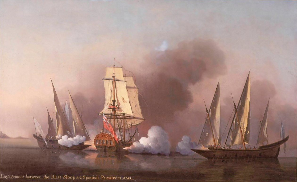 Förlovningen mellan Blast Sloop och två spanska kapare, 1745 av Samuel Scott