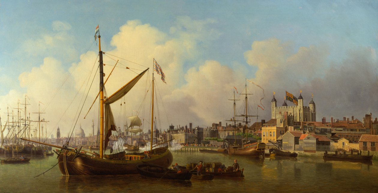 The Thames and the Tower of London Supposedly on the Kings Birthday av Samuel Scott