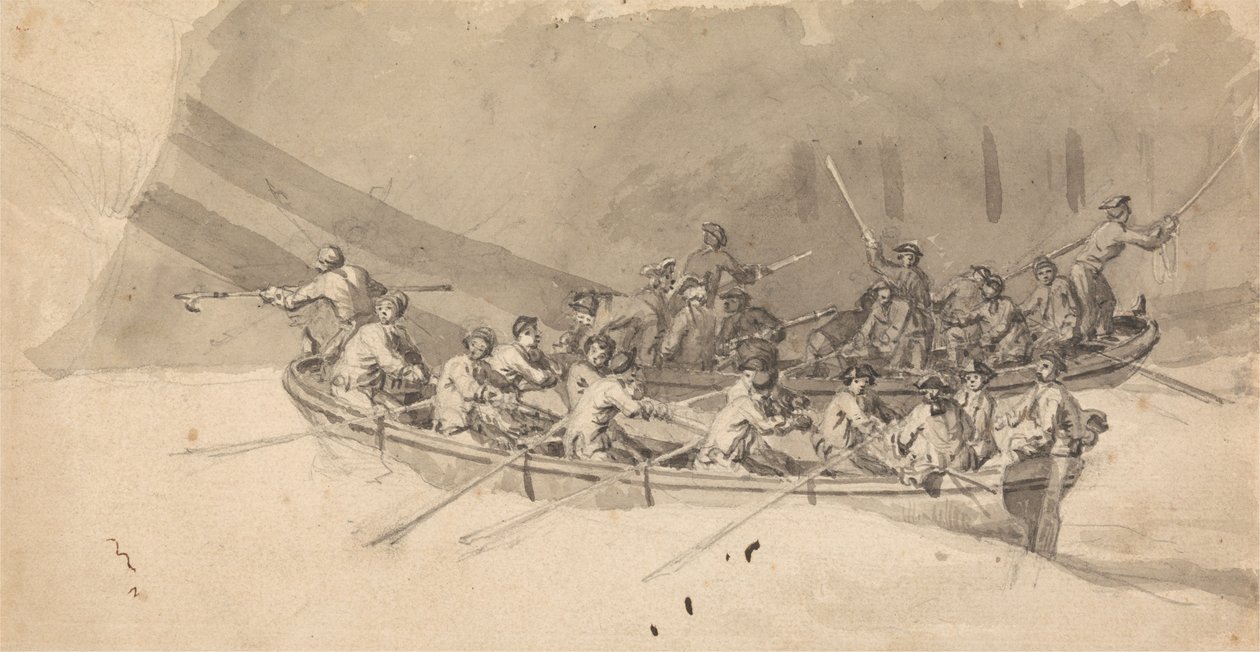 Two Boats with Crews, Study for The Royal William at Sea av Samuel Scott