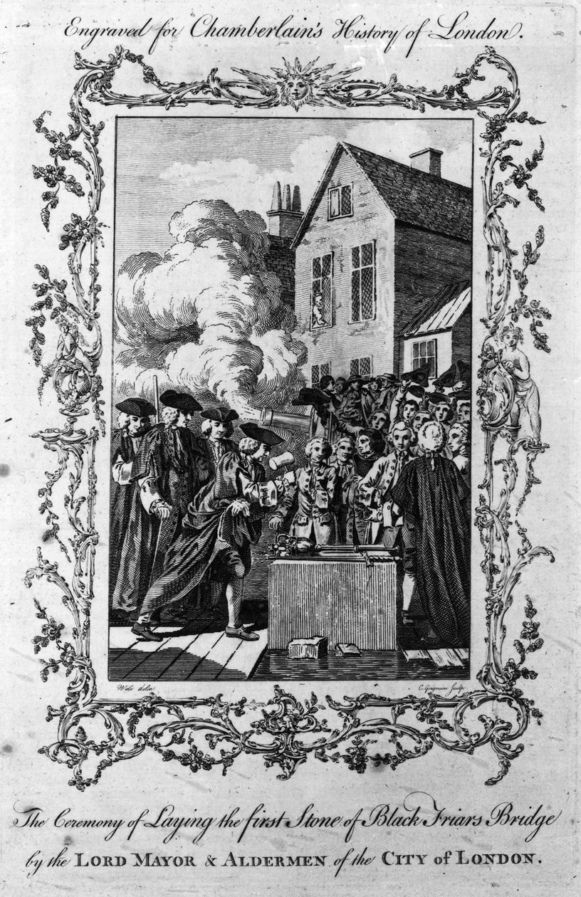 Ceremonin för att lägga den första stenen av Blackfriars Bridge av Lord Mayor and Aldermen of the City of London, graverad av Charles Grignion, 1760 av Samuel Wale