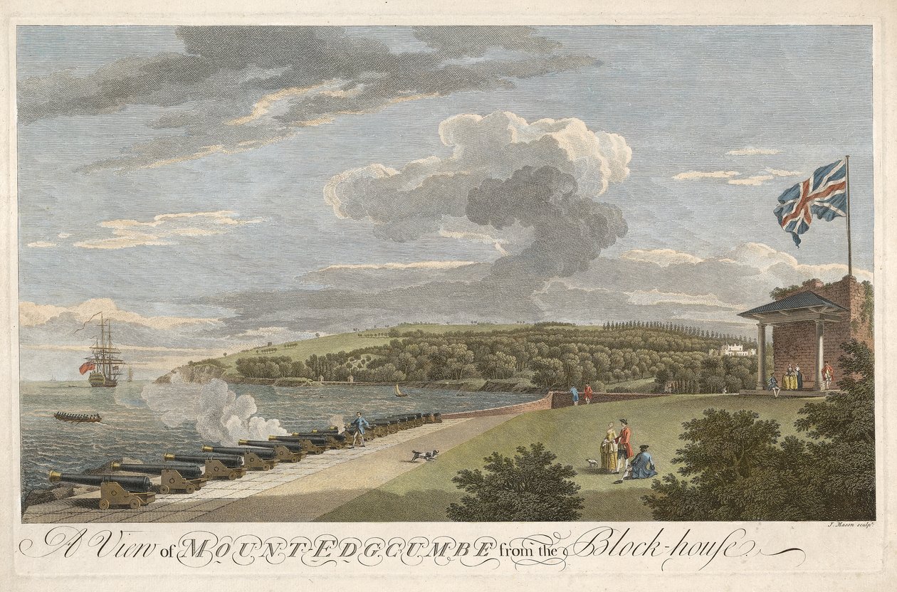 En vy av Mount Edgcumbe från Block House, pub. 1755 (handfärgad gravyr) av Samuel after and Lambert Scott