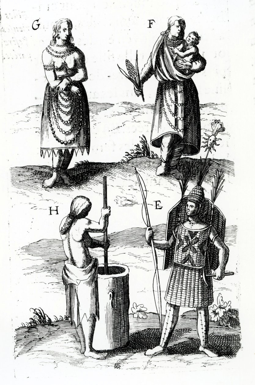 Illustrationer av Algonquin-klänning, gravyr från Voyages of Sieur de Champlain av Samuel de Champlain (ca 1574-1635), 1600-talet av Samuel de Champlain