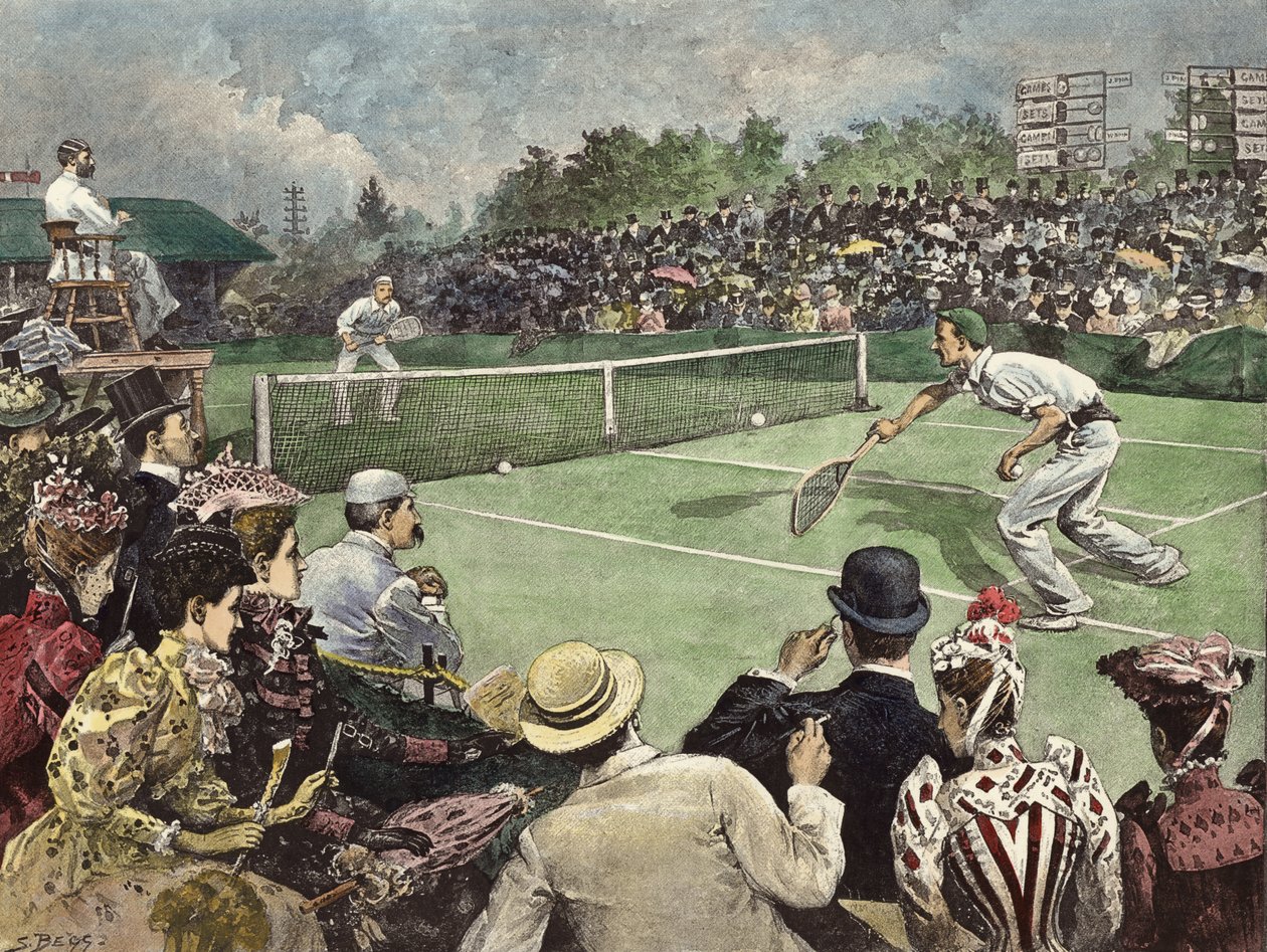 Lawn Tennis Championship i Wimbledon 1891, W Baddeley och J Pim tävlar om finalplatserna (gravyr i färg) av Samuel (after) Begg