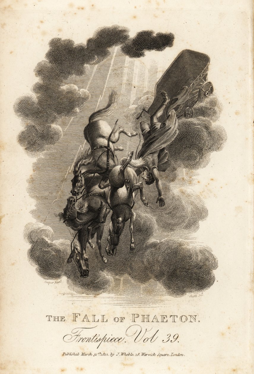 Allegorisk illustration av Phaethon, son till Helios och Oceanid Clymene, som faller ut från himlen när han körde solvagnen av Samuel (after) Cooper