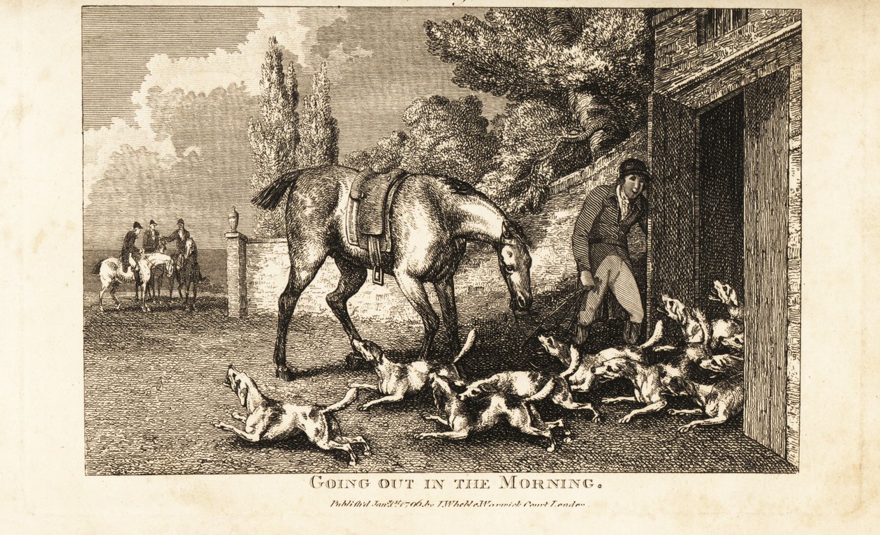 Jägare öppnar kenneldörren för att släppa ut hundarna innan han går på harjakt av Samuel (after) Howitt