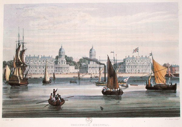 Greenwich Hospital, graverat av R.G. Reeve (fl.1811-37) 1828 (färggrafit) av Samuel (after) Owen