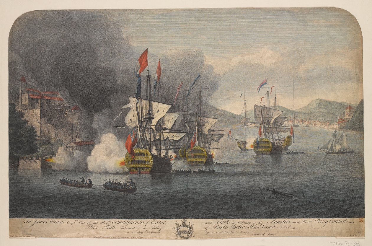 Intagande av Porto Bello av Adml: Vernon Novr: 22d. 1739 (linjegravyr, kolorerad) av Samuel (after) Scott