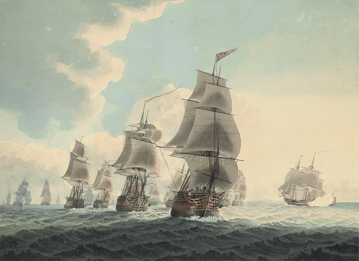 En skvadron från Royal Navy som springer nerför kanalen (penna, penna, svart bläck och akvarell på papper) av Samuel (attr. to) Atkins