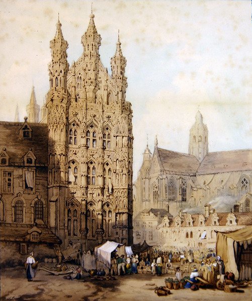 Stadshuset och katedralen i Leuven i Belgien, ca 1840 (akvarell på papper) av Samuel (circle of) Prout