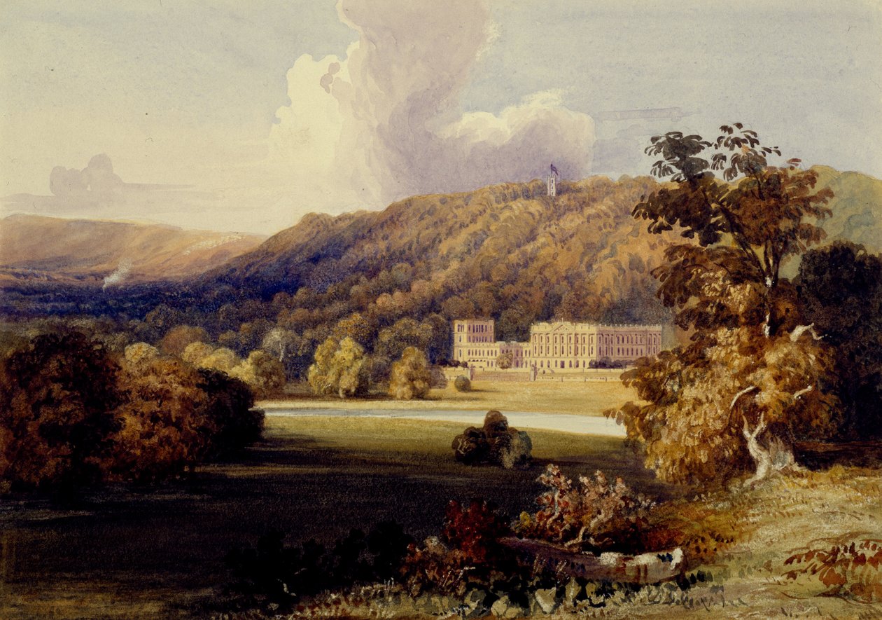 Utsikt över Chatsworth (akvarell på papper) av Samuel A. Rayner
