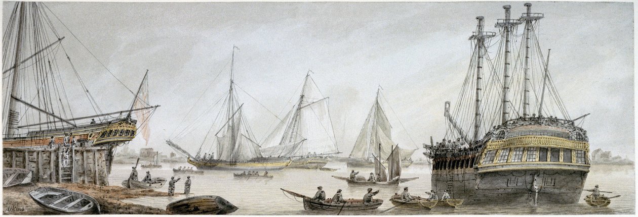 "Ett indiansk fartyg för reparation på Themsen, med en beskrivning av den ordinarie verksamheten vid Royal Shipyards i Deptford av Samuel Atkins
