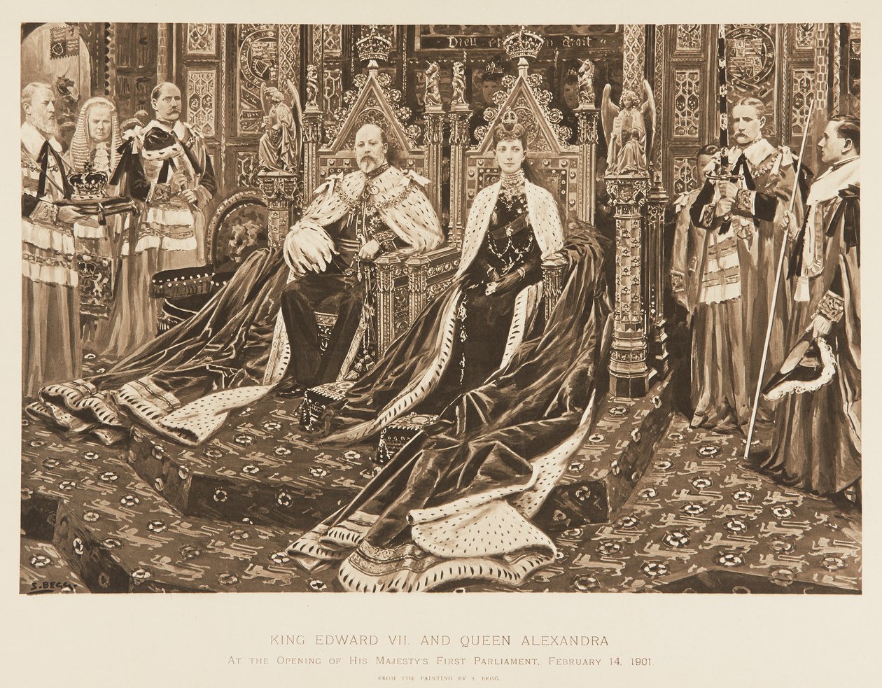 Kung Edward VII och drottning Alexandra i parlamentet av Samuel Begg