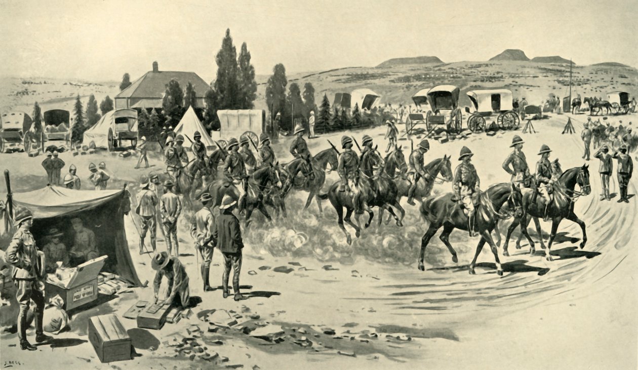 Lord Roberts och personal startar för en spaning från högkvarteret i Smaldeel, 1901. av Samuel Begg