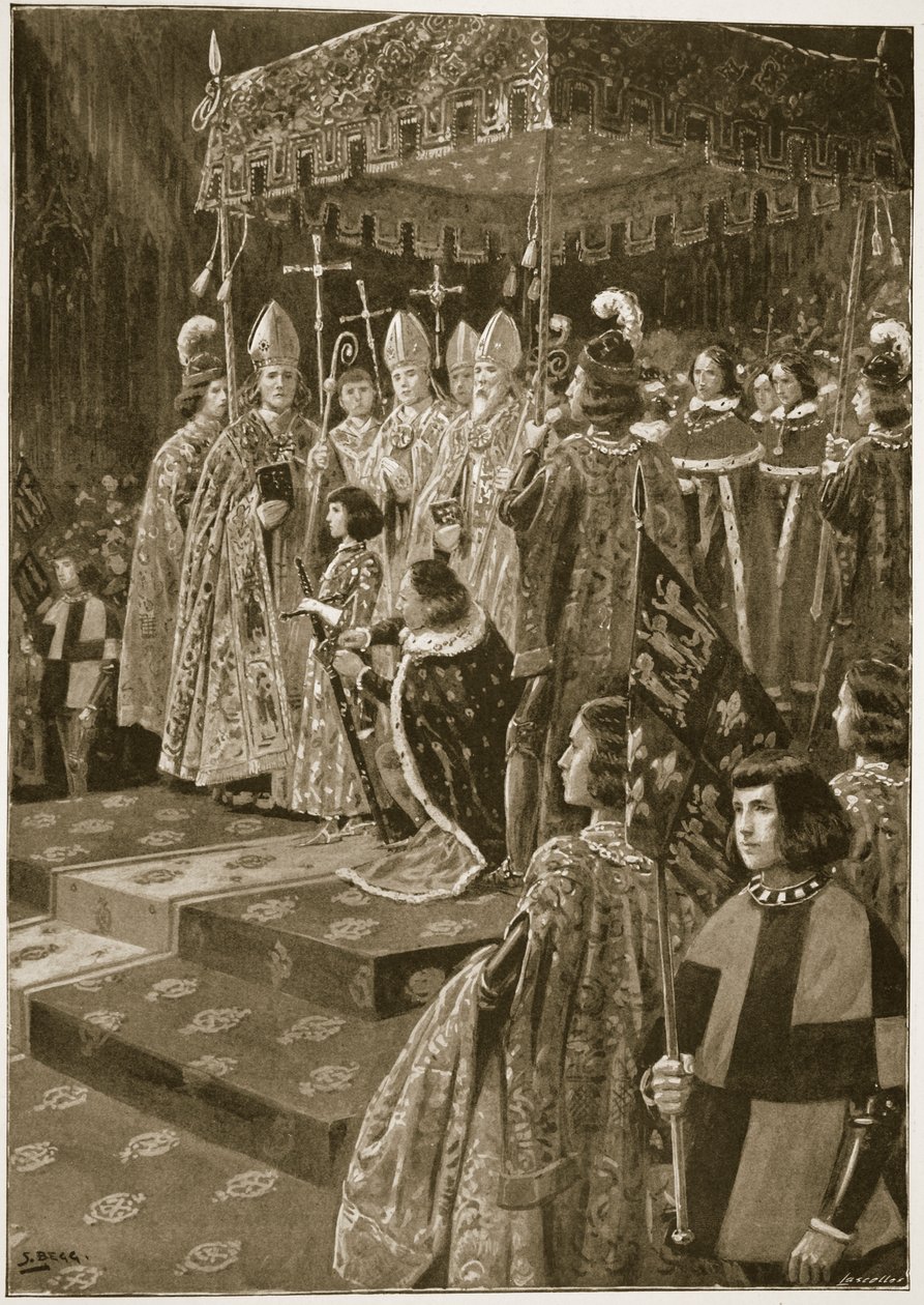 Överlämnandet av sporrar och svärd vid Henrik VI:s kröning på Sankt Leonard-dagen den 6 november 1429, från "The Illustrated London News", 1902 av Samuel Begg