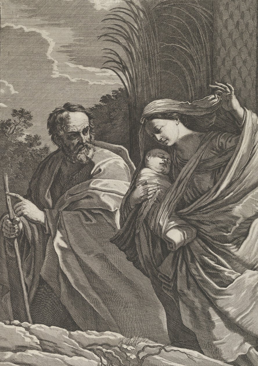 Flygningen till Egypten, jungfrun som bär på spädbarnet Kristus, Josef pekar på..., ca. 1635-57. av Samuel Bernard