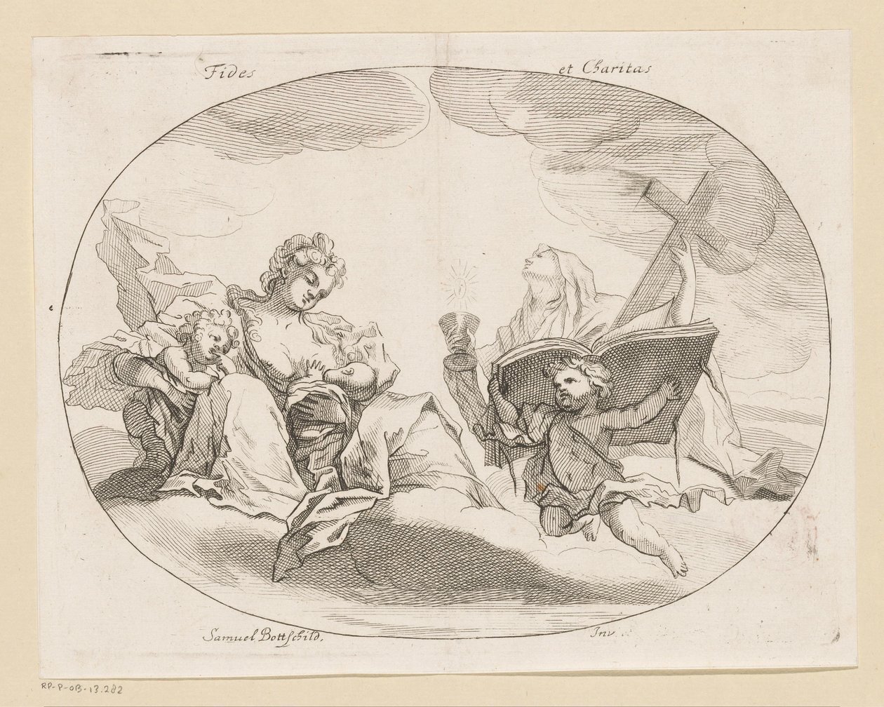 Fides (tro) och Charitas (kärlek) Fides et Charitas (titel på objekt) Olika mönster (serietitel) Opera Varia Historica, Poetica & Iconologica (serietitel) av Samuel Bottschild