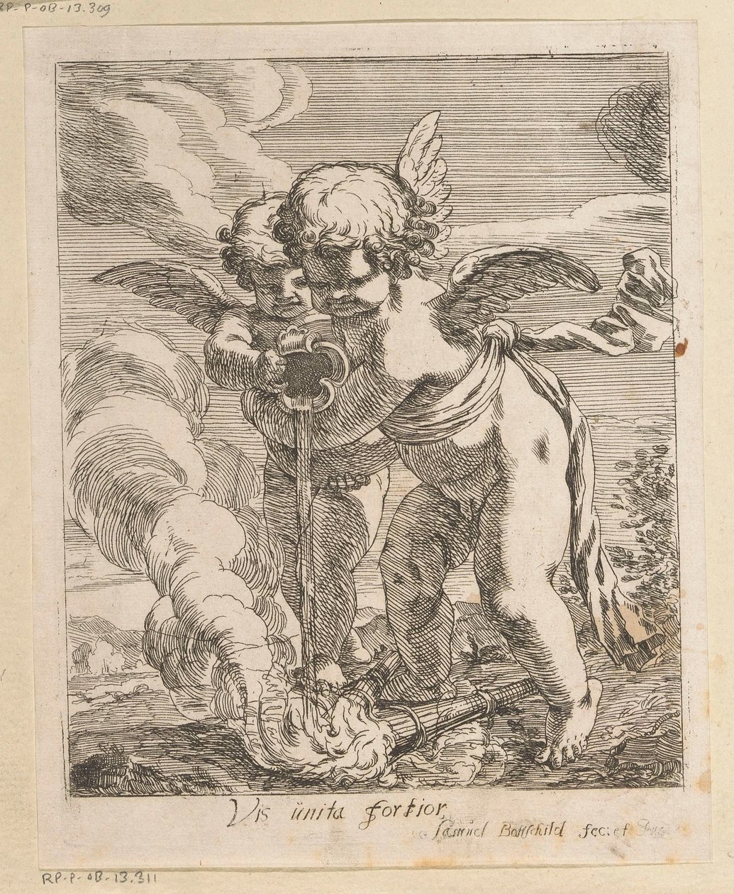 Två puttisläckande facklor Vis unita fortior (titel på objekt) Olika mönster (serietitel) Opera Varia Historica, Poetica & Iconologica (serietitel) av Samuel Bottschild