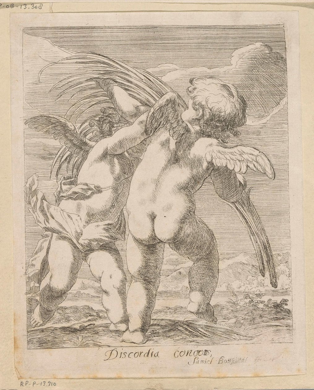 Två putti som bråkar över en palmgren Discordia Concors (titel på objekt) Olika mönster (serietitel) Opera Varia Historica, Poetica & Iconologica (serietitel) av Samuel Bottschild