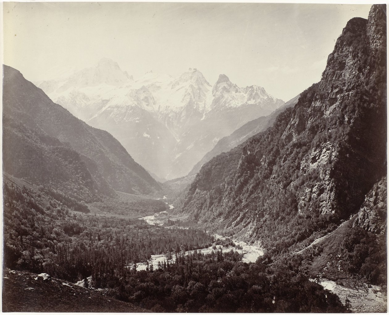 Utsikt över en dal och topparna i Srikanta, Indien Wooded Valley från Fulaldaru, med Srikanta-topparna i fjärran (originaltitel) av Samuel Bourne (signed by artist)