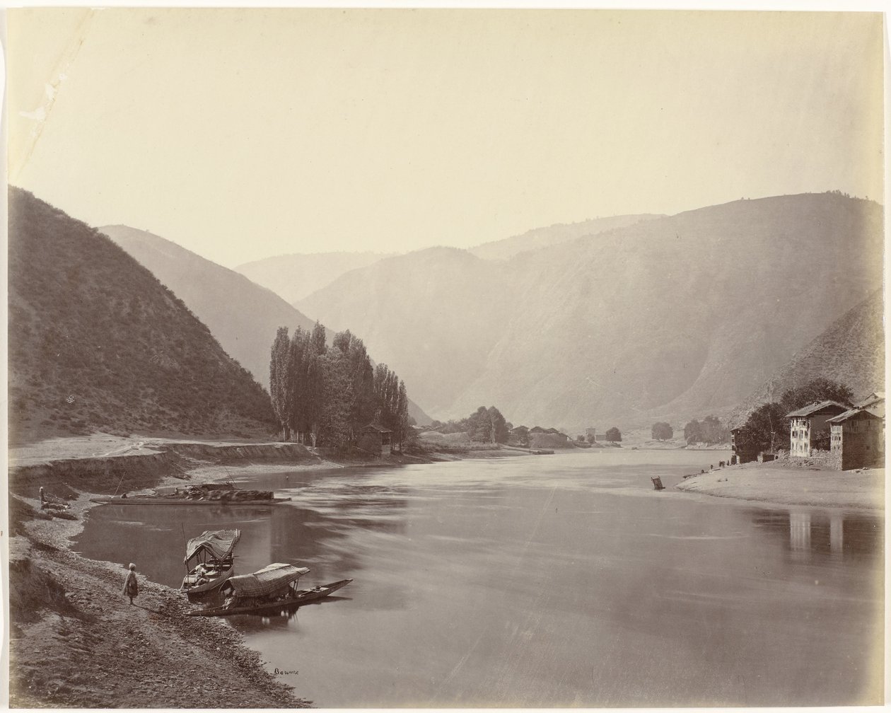 Rivierzicht nära Baramulla, Indien Baramulla, utsikt nerför floden (originaltitel) av Samuel Bourne (signed by artist)