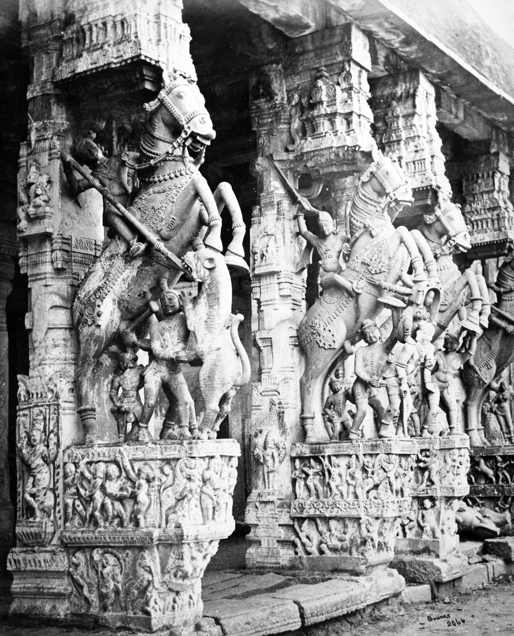 Snidade hästpelare i Ranganatha-templet, Srirangam, 1869 av Samuel Bourne