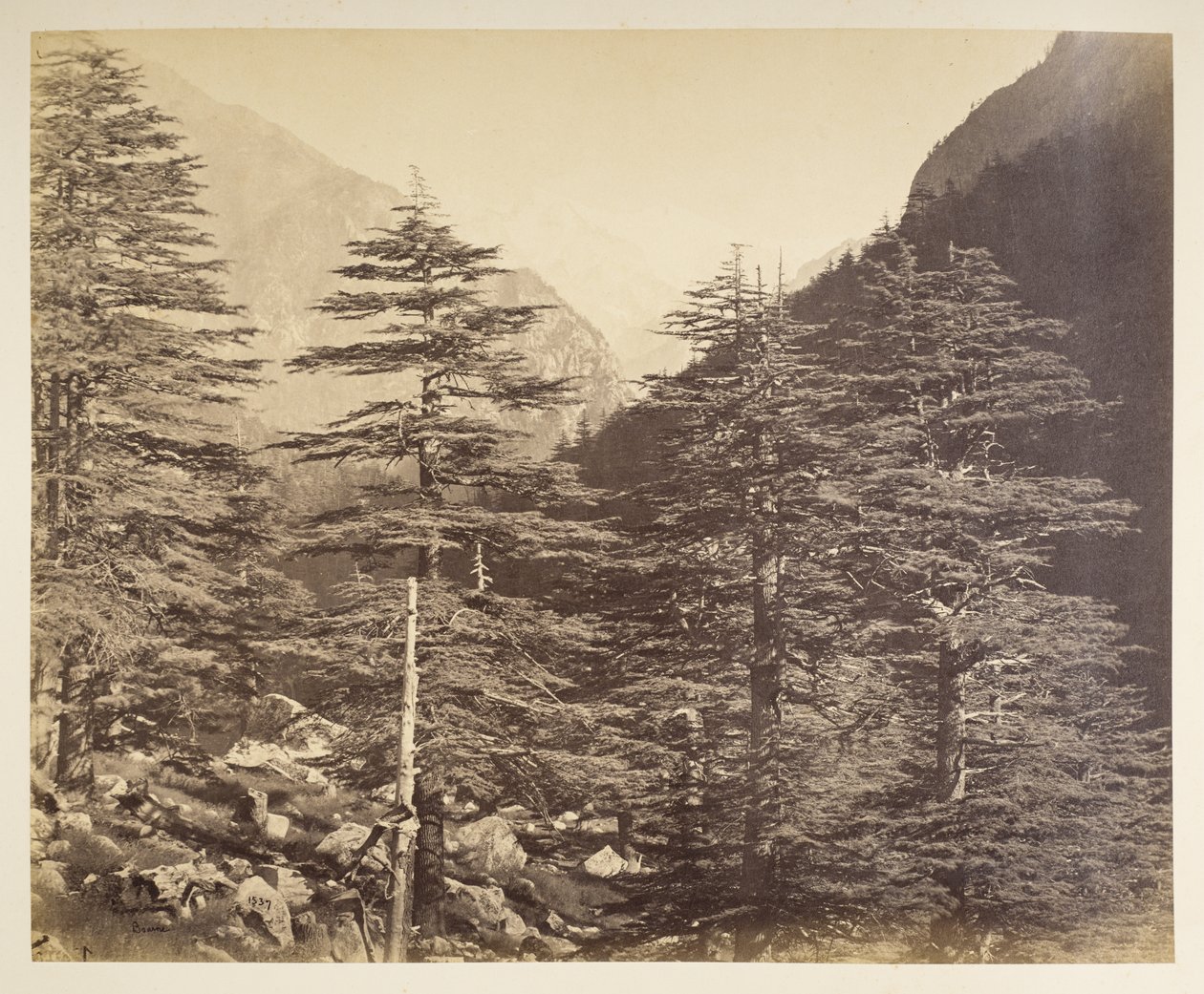 Snöiga toppar nära Gangootri från Bhairamghati. Fotograf: Bourne, Samuel Album med fotografier av Indien, främst av Samuel Bourne1866 av Samuel Bourne