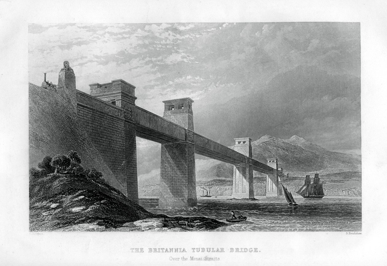 Britannia Tubular Bridge över Menai Straits, Wales, 1886 av Samuel Bradshaw