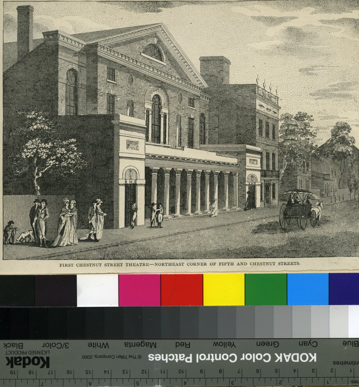 First Chestnut Street Theatre, Northeast Corner of Fifth and Chestnut Streets, ca 1820 (träsnitt) av Samuel Castner