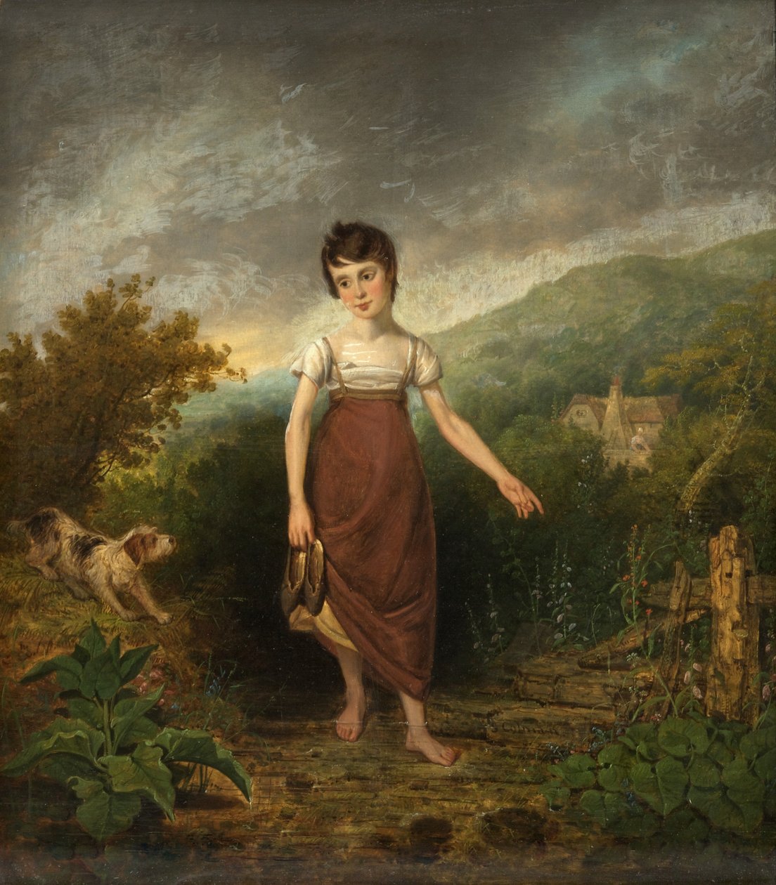 A Girl Crossing a Stream (olja på panel) av Samuel Colman