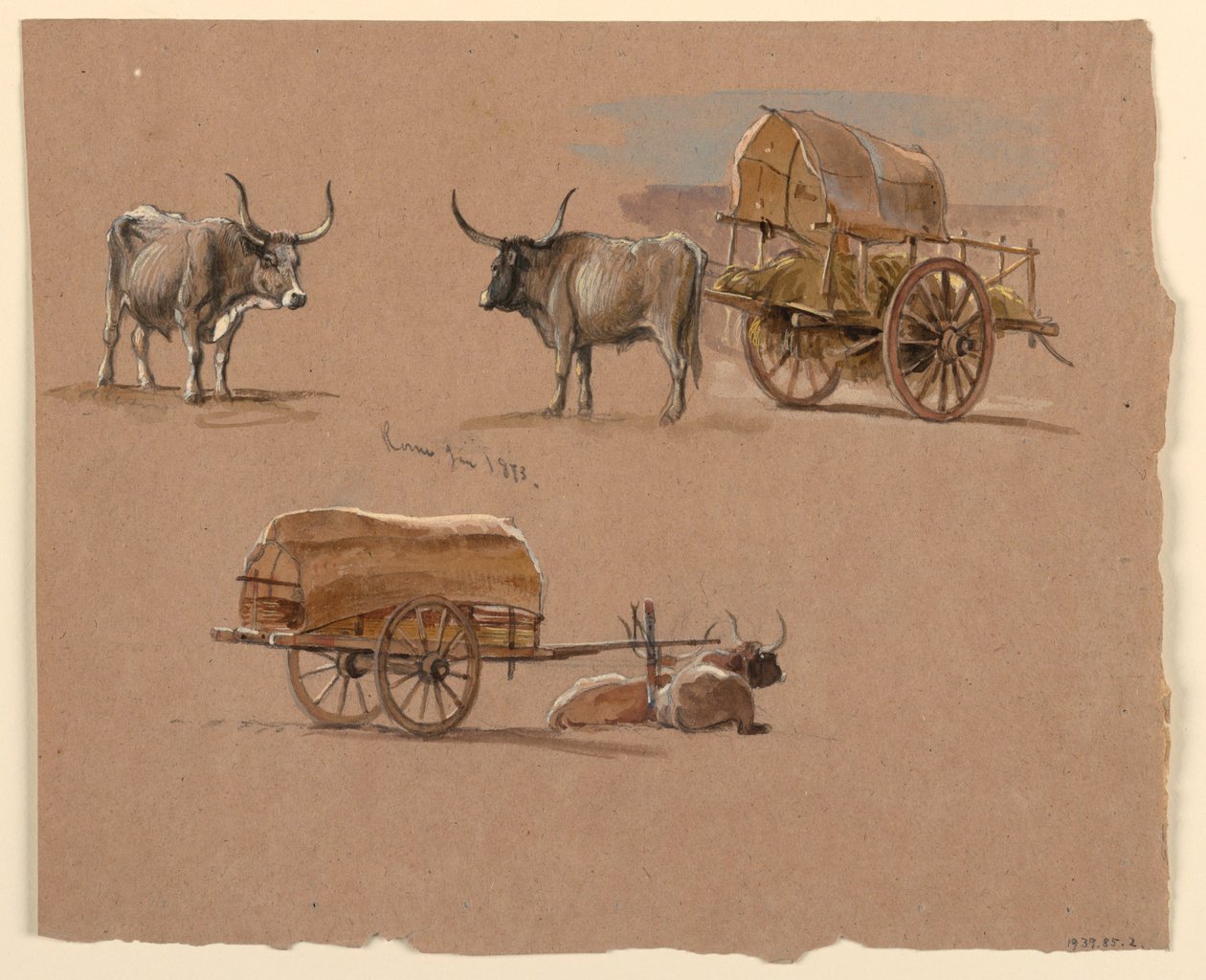Teckning, Oxvagnar, Rom, Italien, januari 1873 av Samuel Colman