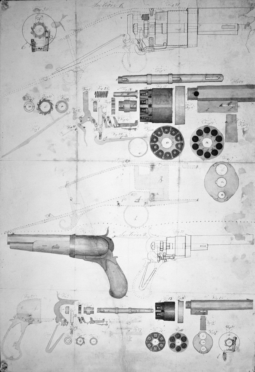 Ursprungliga planer på en tiokammarrevolver som senare blev den sexkammarpatenterade 1836, ca 1830 (penna & bläck på papper) av Samuel Colt