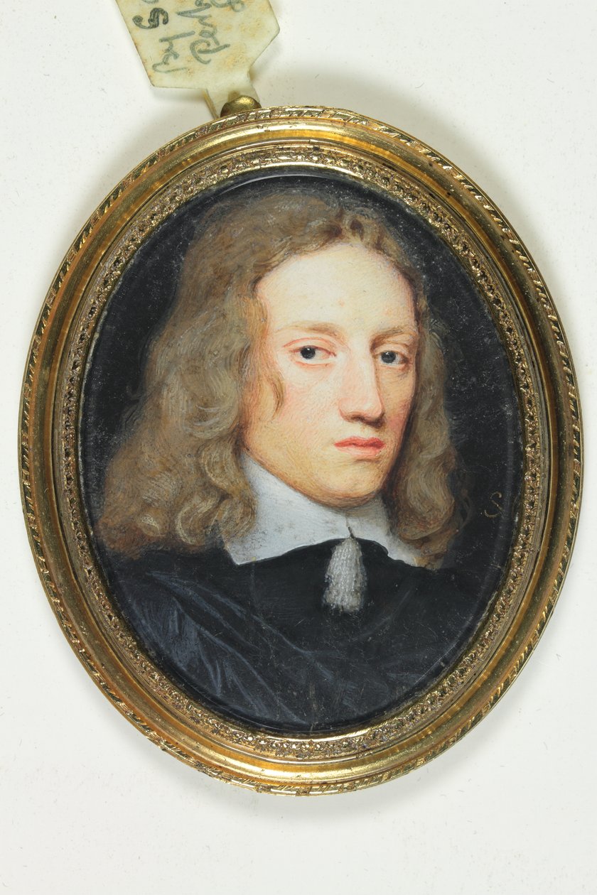 Gentleman i svart dubblett (akvarell på veläng) av Samuel Cooper