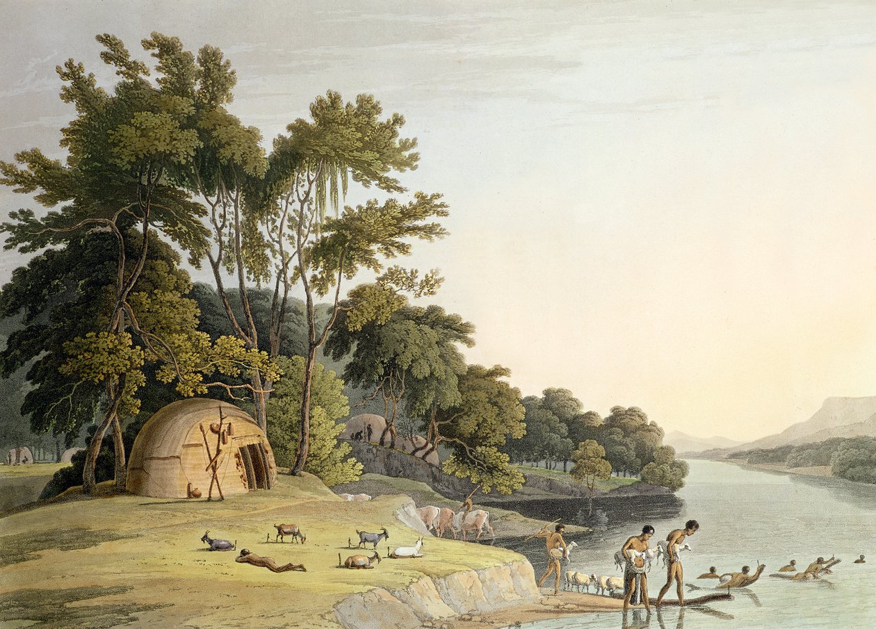 En Korah Hottentot Village på den vänstra stranden av Orange River, skylt 1 från 