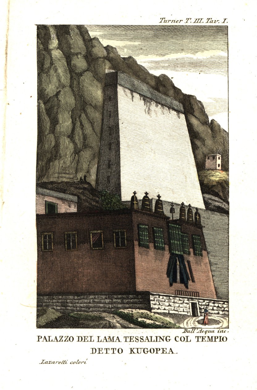 Bostad av Tessaling Lama med den religiösa byggnaden som kallas Kugopea. Illustration av löjtnant Samuel Davis från kapten Samuel Turner (1759-1802) Berättelse om en ambassad vid domstolen för Teshoo Lama i Tibet 1800. Kopparstick av Dell