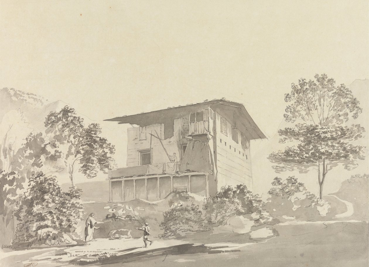 I byn nära Tassisudon [Tashicho Dzong] av Samuel Davis
