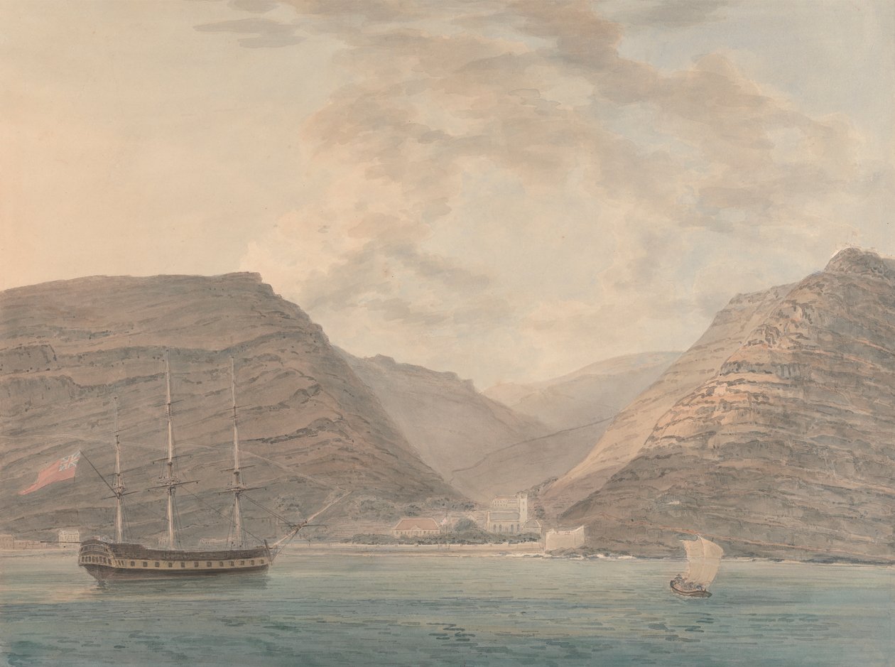 Man of War förtöjd i hamnen, berg i bakgrunden av Samuel Davis